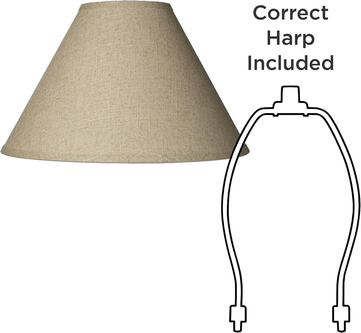 Natural shade at left with outline of a harp at right and text indicating the correct harp is included