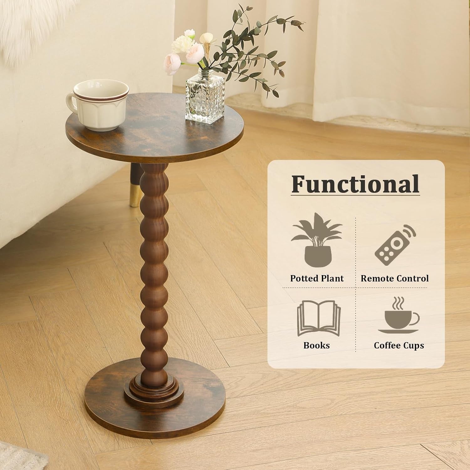 Full view of the round side table showing its beaded spindle leg and round base, with a graphic overlay listing uses like