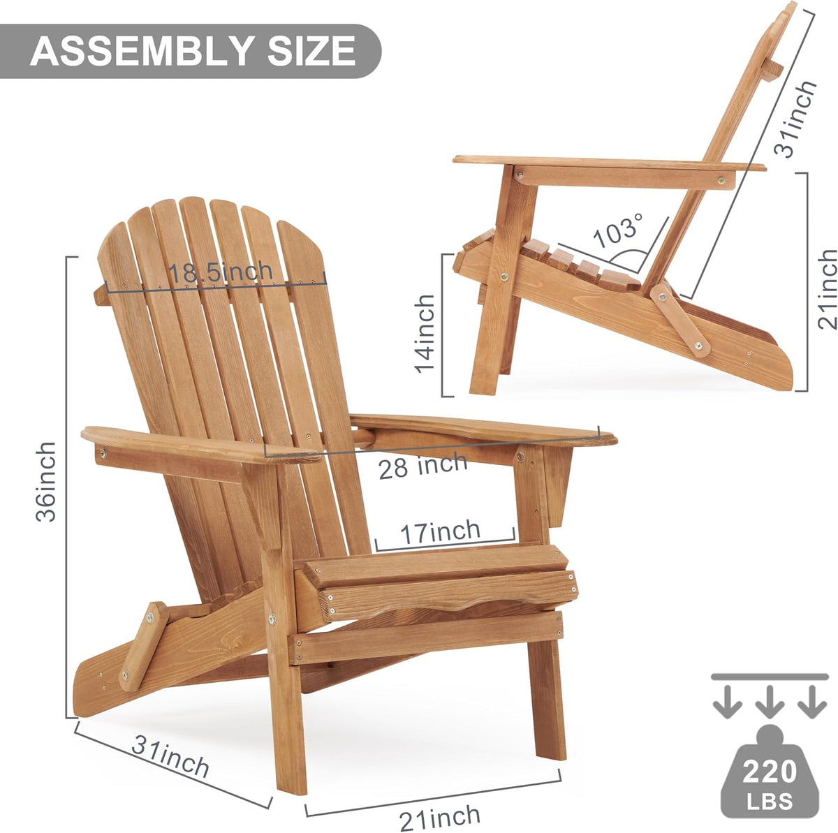 Assembly diagram and dimensions for a folding Adirondack chair showing overall measurements and a 220 lb capacity icon