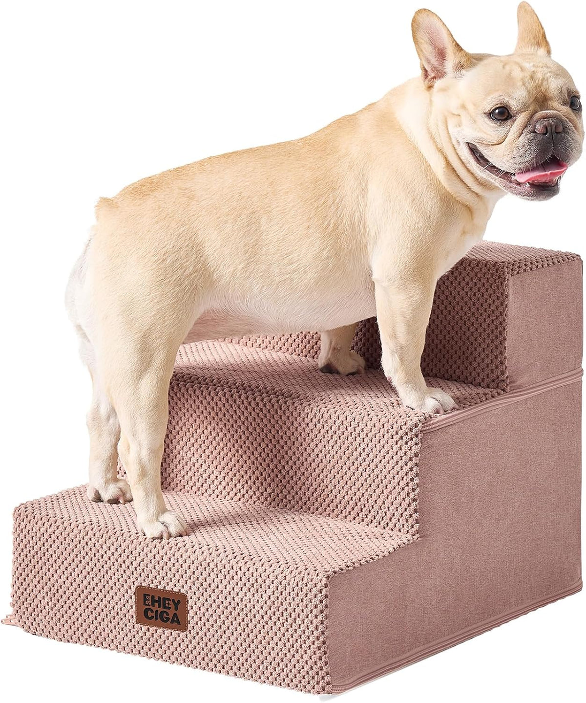 French bulldog on a three-step dusty pink textured pet stair cover shown from side