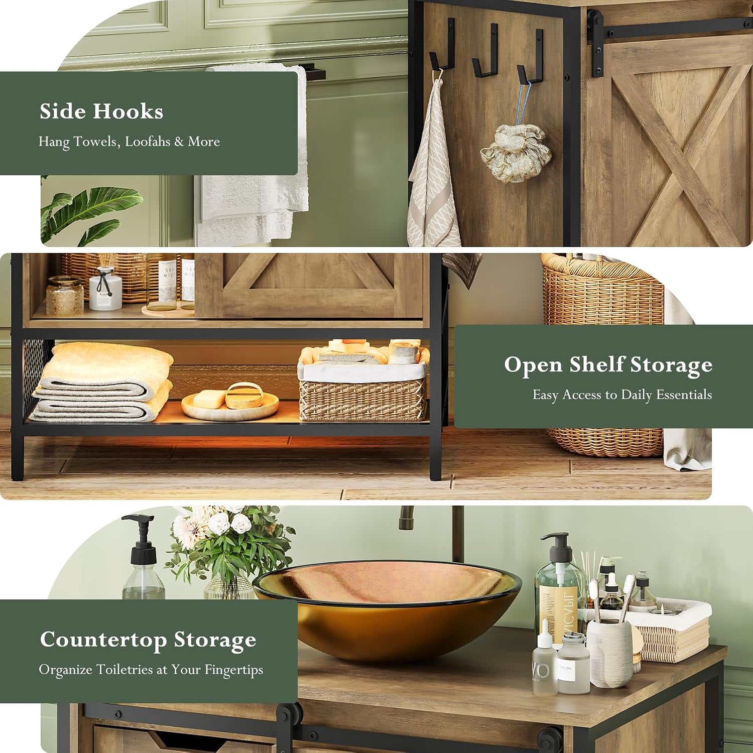 Three stacked vignettes showing side hooks with hanging towels, an open lower shelf with towels and basket, and countertop