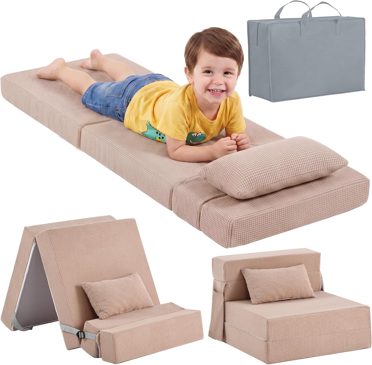 Beige textured folding mattress displayed flat with a smiling child lying on it, plus folded and tent positions and a gray
