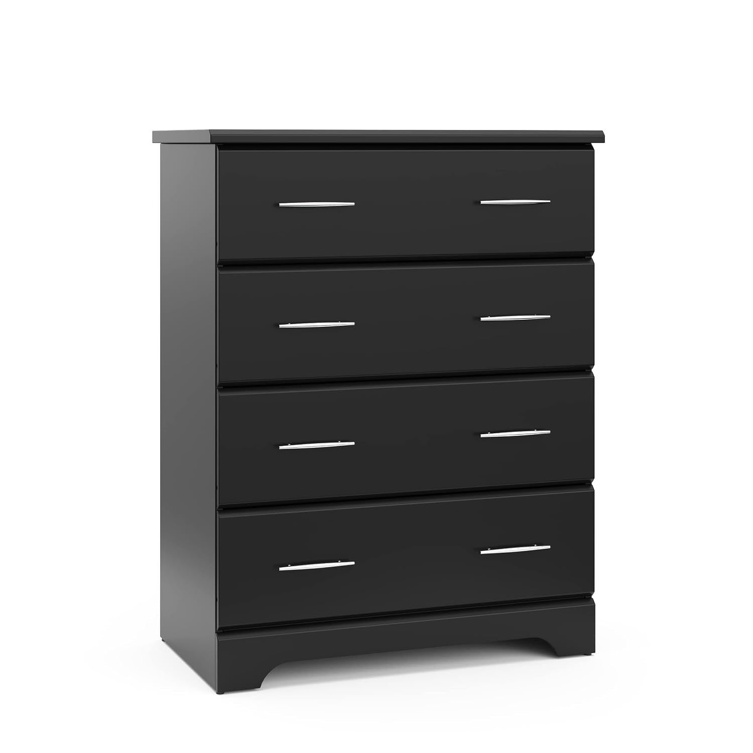 Tall dark charcoal chest with four wide drawers and slim horizontal metal pulls, angled slightly right