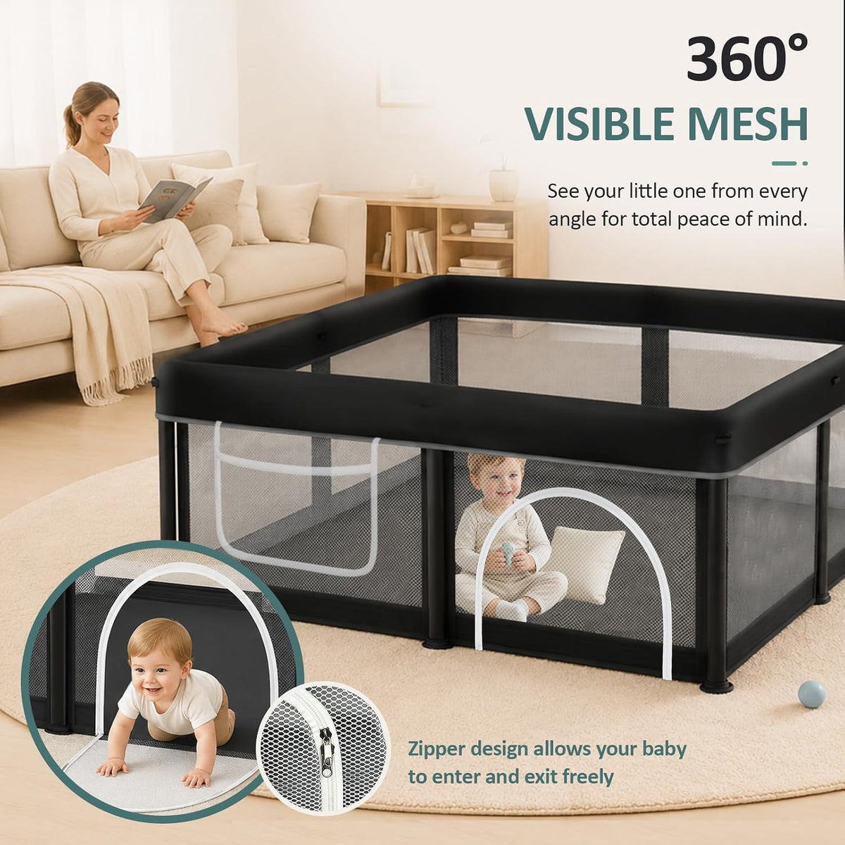 Square black mesh playpen set on a round rug with a baby inside and a woman sitting on a sofa in the background.