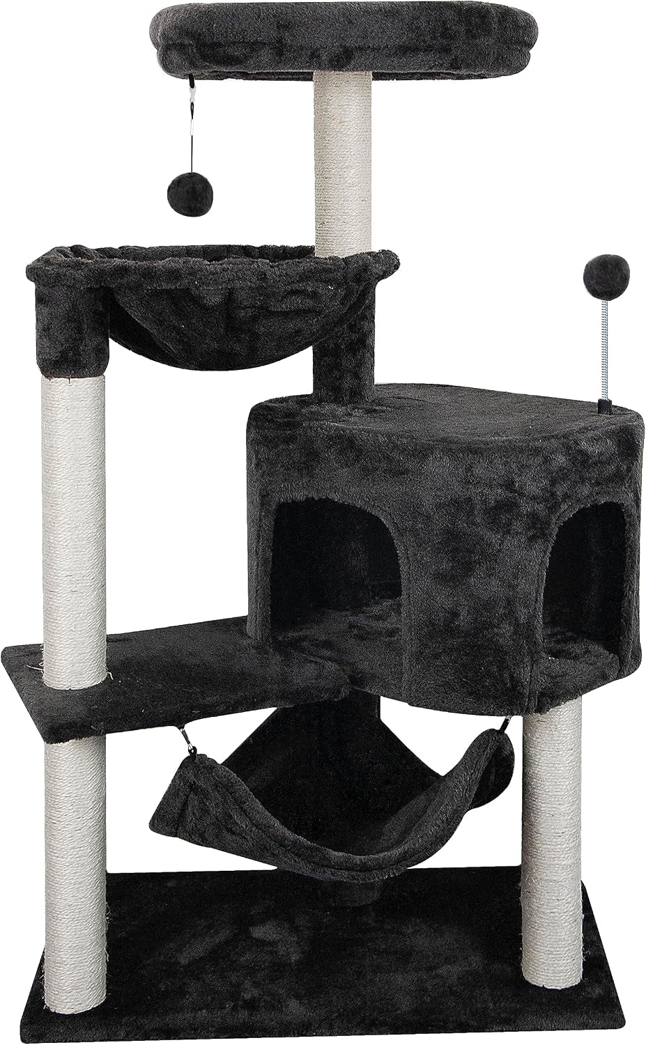 Tall grey cat tree with condo, dangling pom-poms, hammock and sisal-wrapped scratching posts.