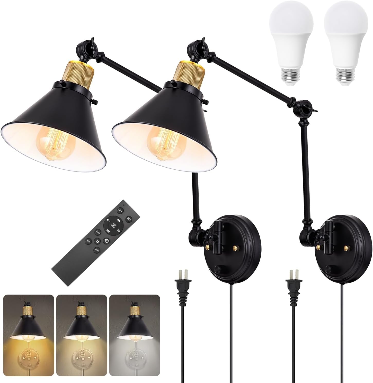 Pair of black swing‑arm wall sconces with two LED bulbs and a remote control shown