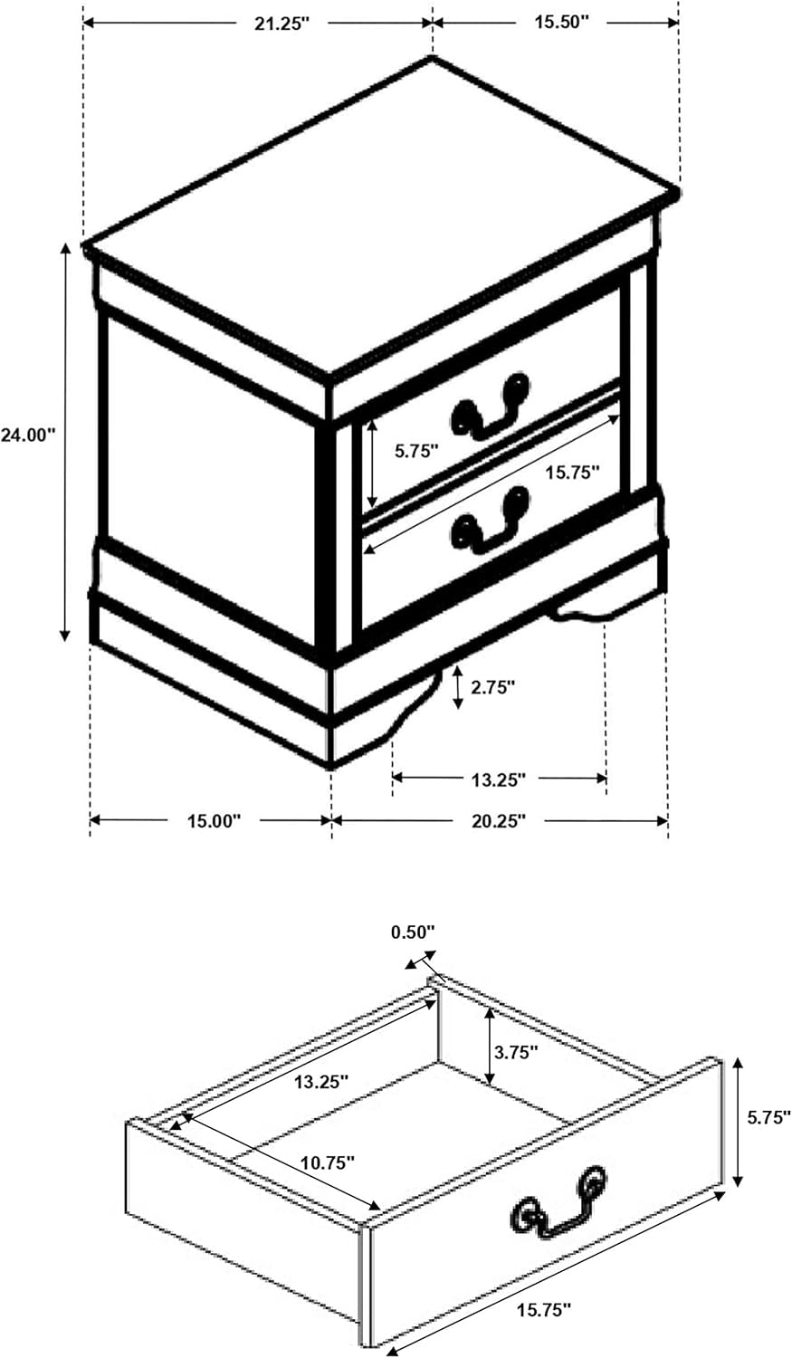 Isometric diagram of a two-drawer nightstand plus a separate drawer close-up with internal measurements.