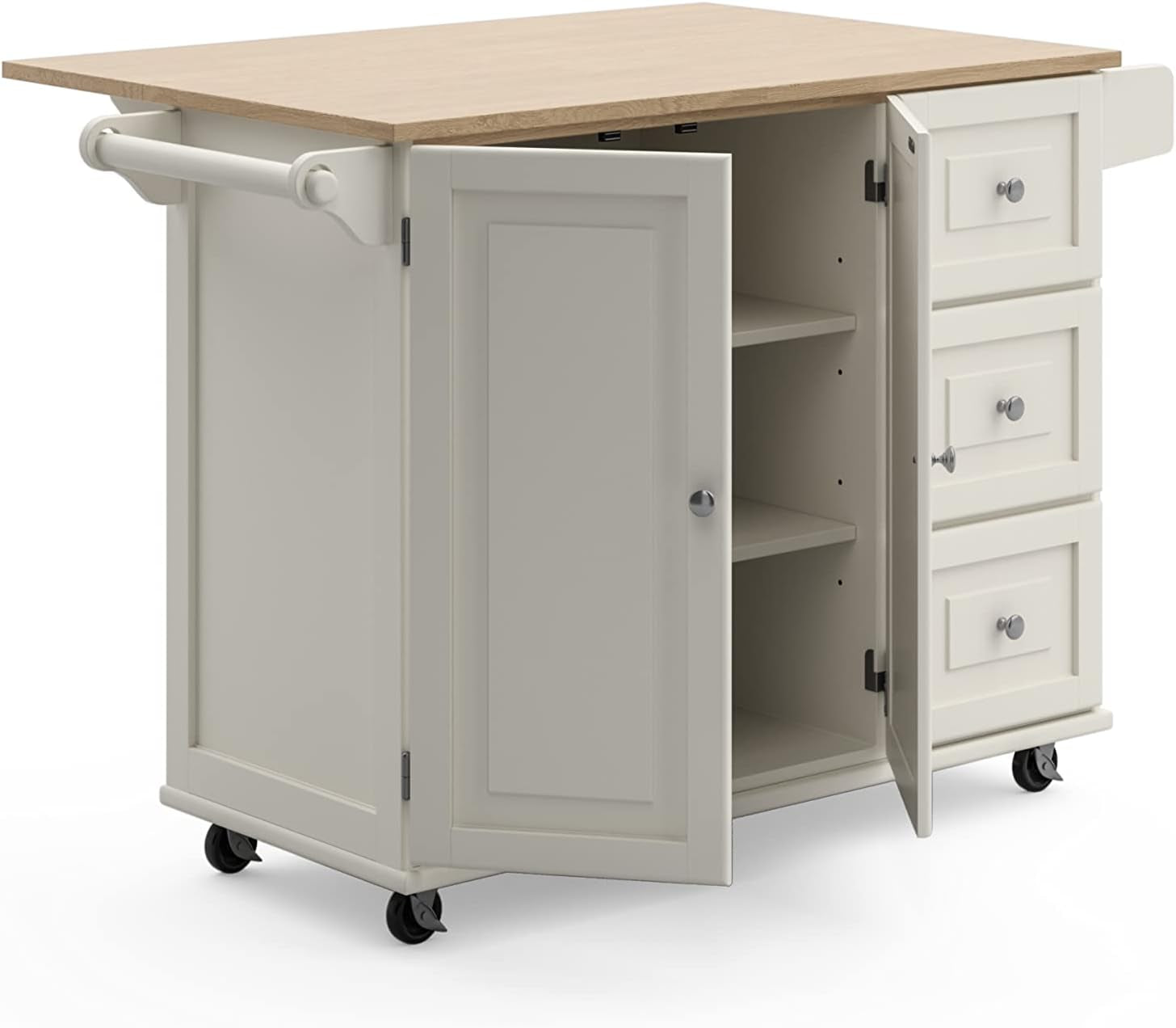 Off-white kitchen island cart with both doors open revealing adjustable shelves and right-side stacked drawers, front angle