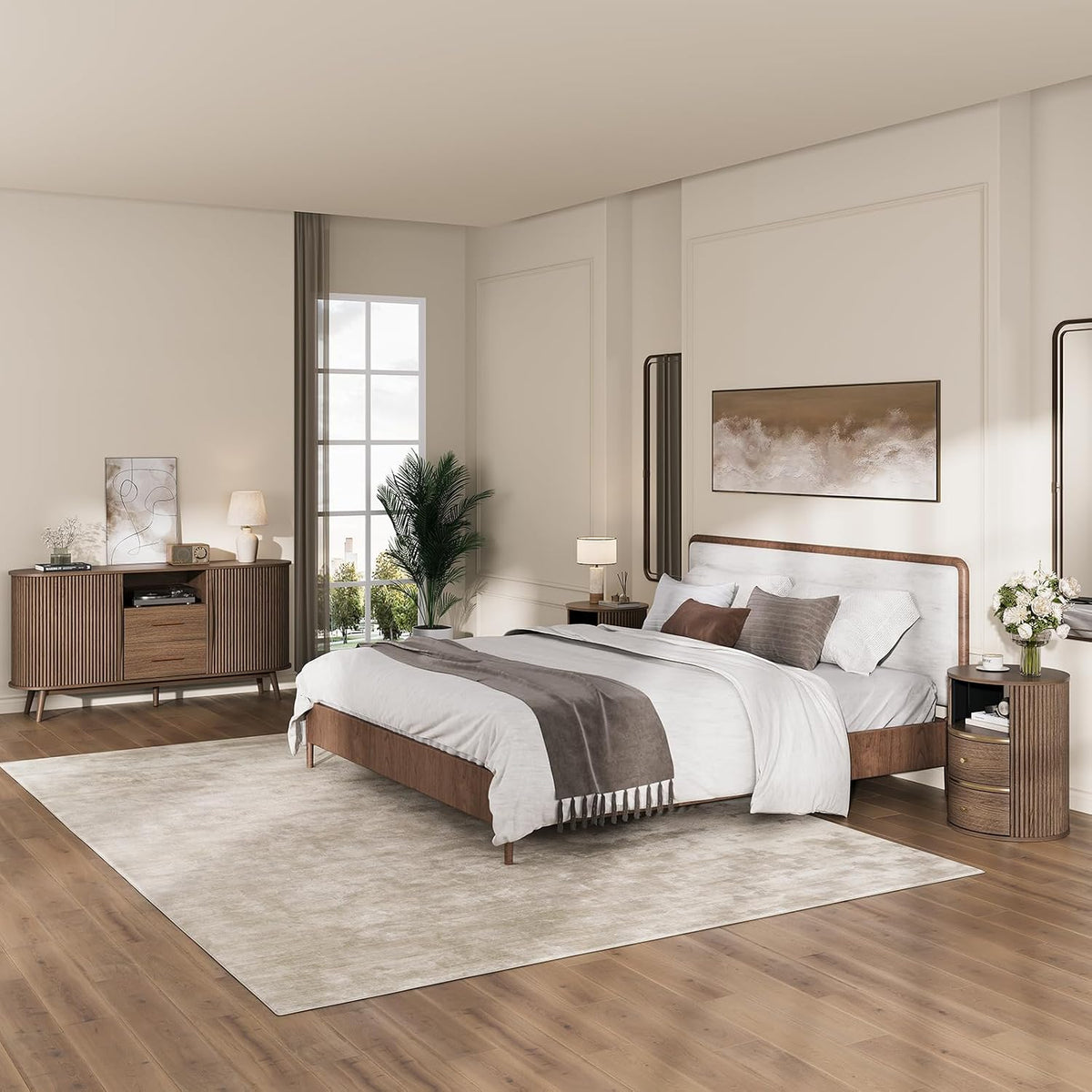 Angled bedroom scene with bed and a single round fluted nightstand beside the bed