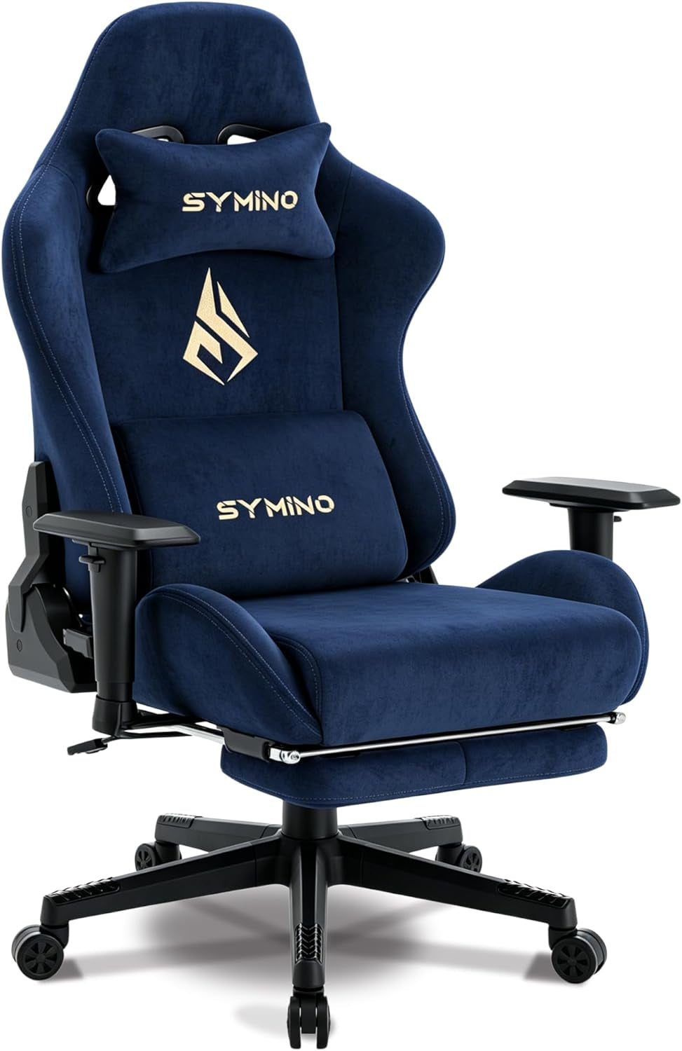 Navy blue high-back gaming chair angled to show contoured sides, armrests and caster base