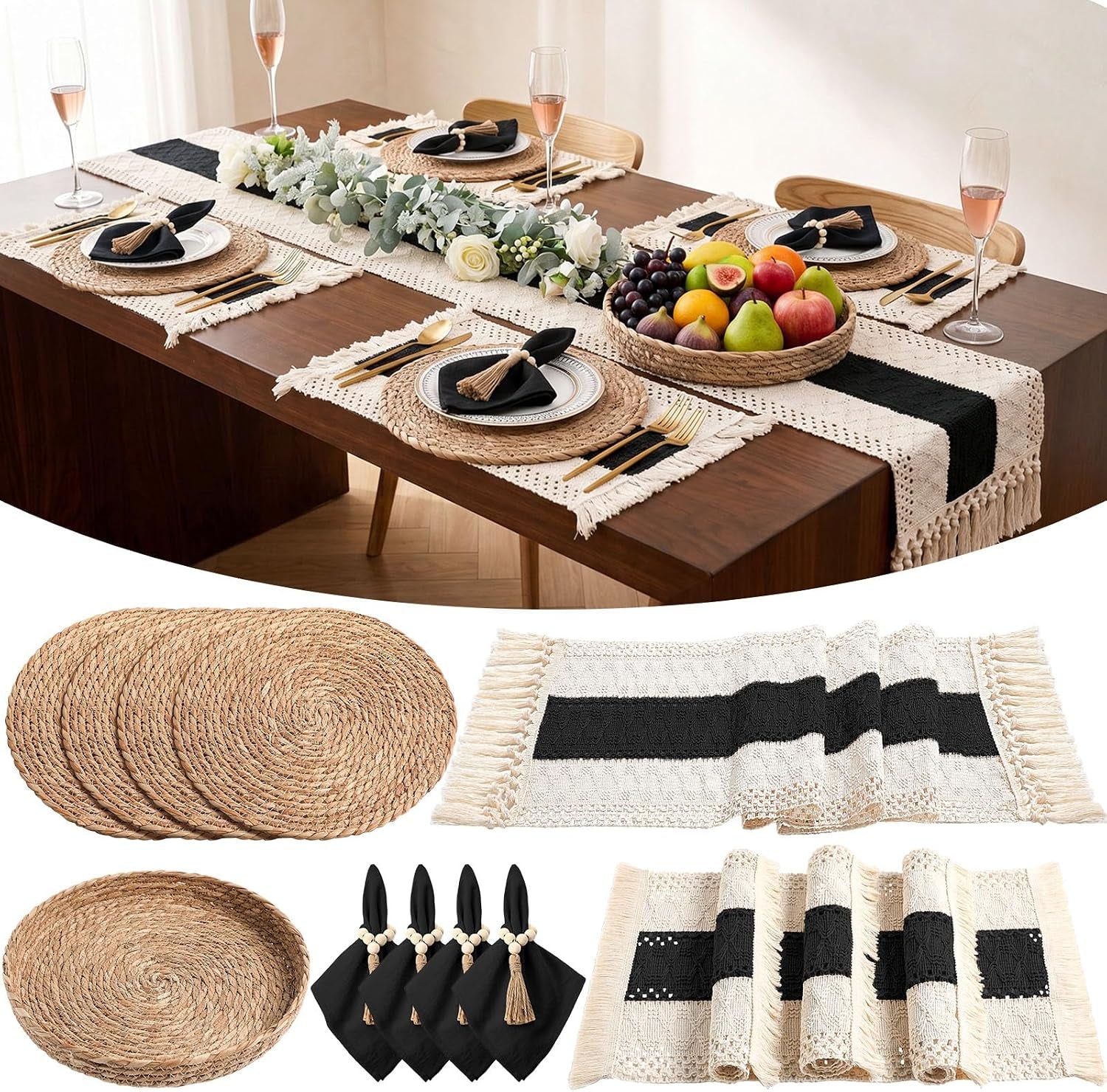 Simple dining setup with woven chargers and a cream runner with a bold black center stripe