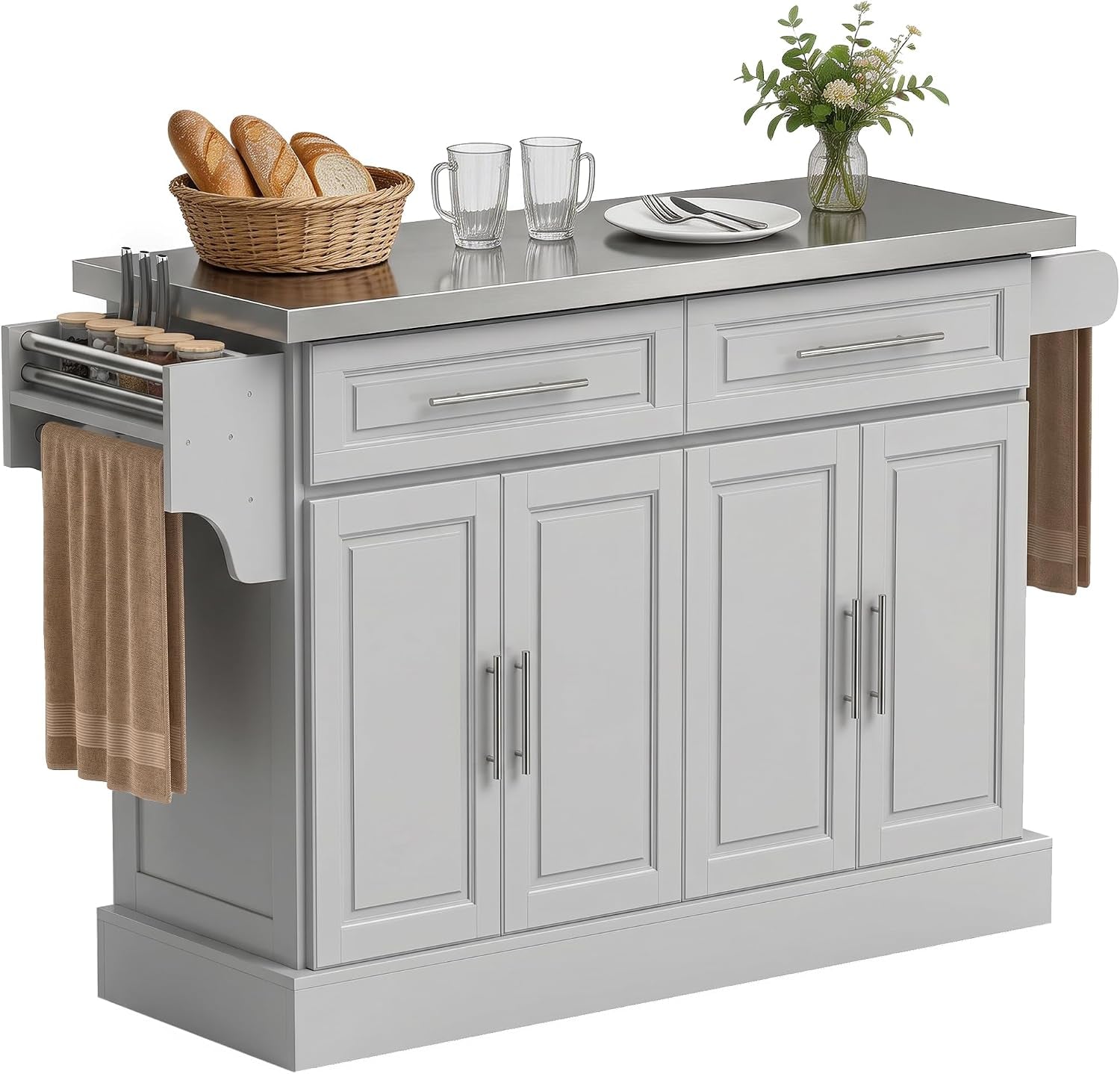 Light gray kitchen island with stainless top, two drawers, four cabinet doors, towel and spice racks