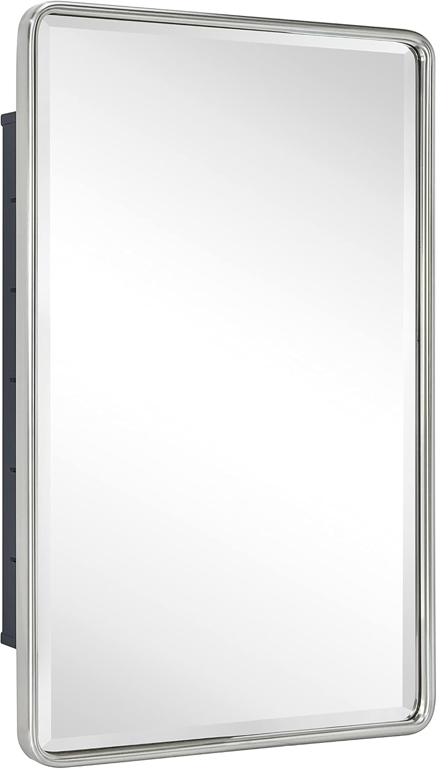 Close-up front view of a silver/chrome framed beveled mirror version showing the mirror face and left cabinet edge.