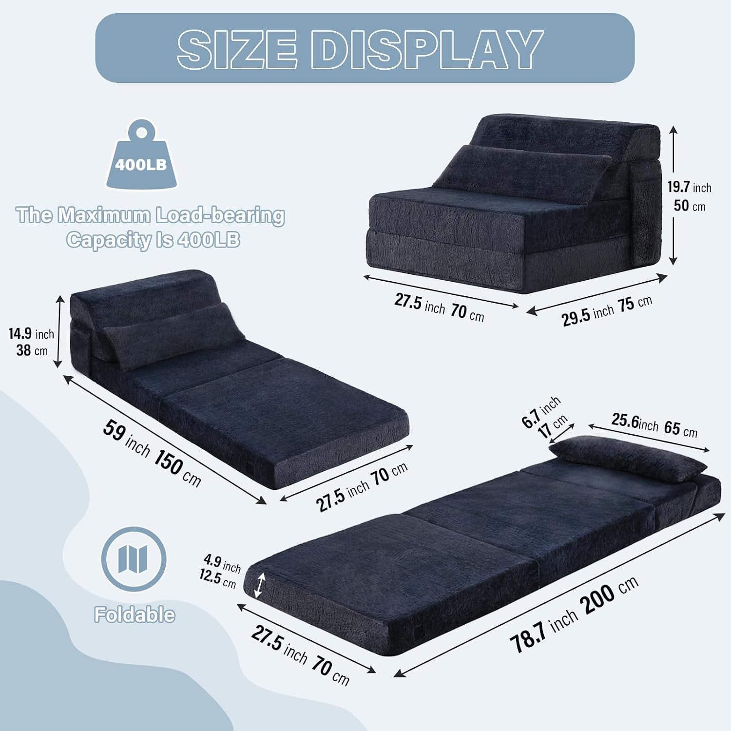 Graphic showing the folding mattress in chair, lounger, and flat positions with measurement callouts.