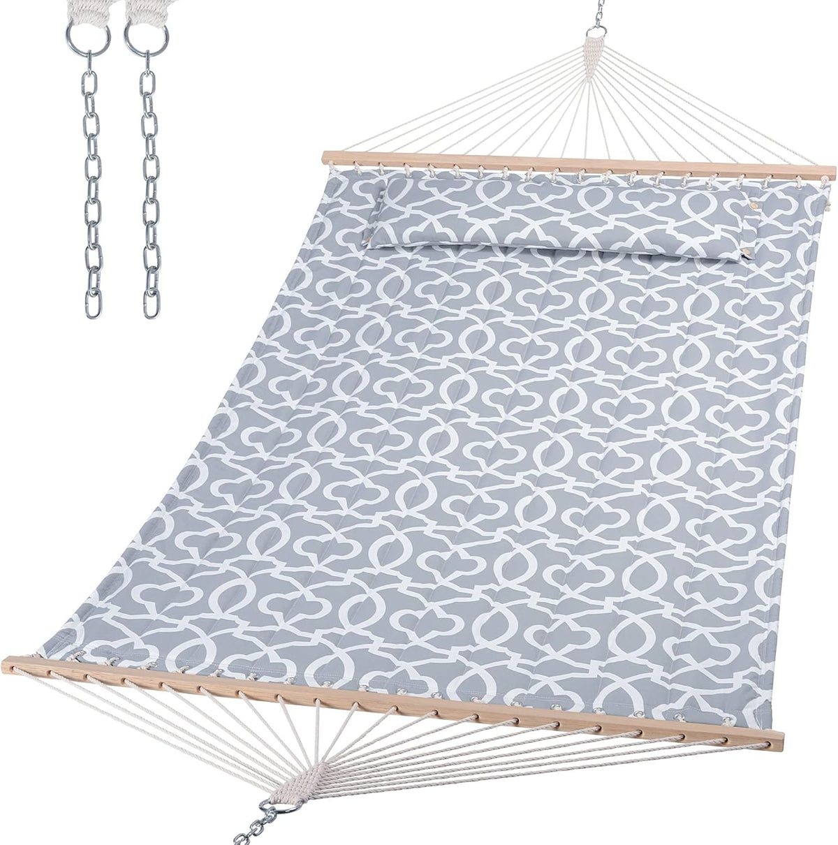 Grey patterned double hammock with hardwood spreader bar and hanging chains, angled front view