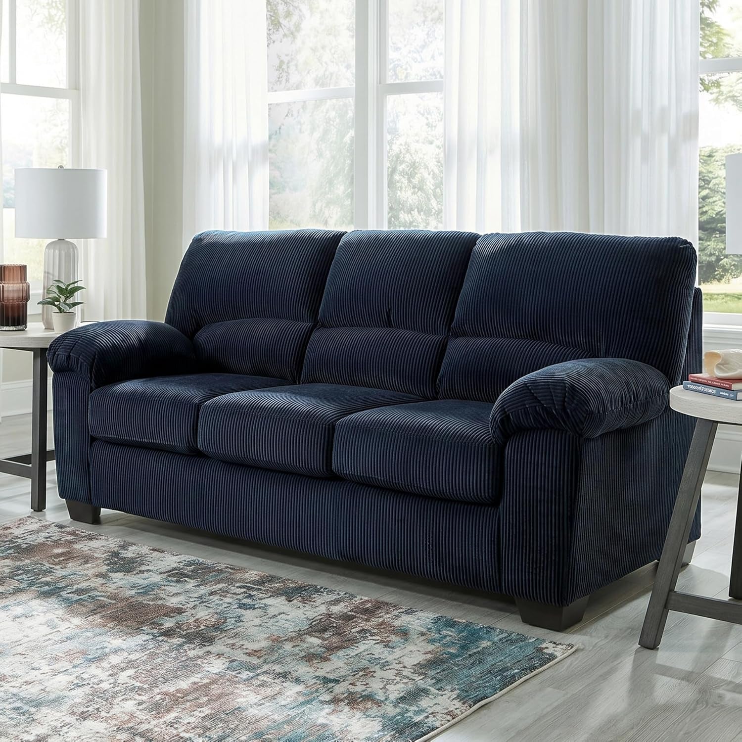 Signature Design by Ashley Sofa, 83-In Navy Corduroy, Anti-Sag Platform | No Assembly Required, Anti-Sag Platform Foundation, Plush Fiber-Wrapped Foam Cushions, Fits 32-In Doorways, Simplejoy Series