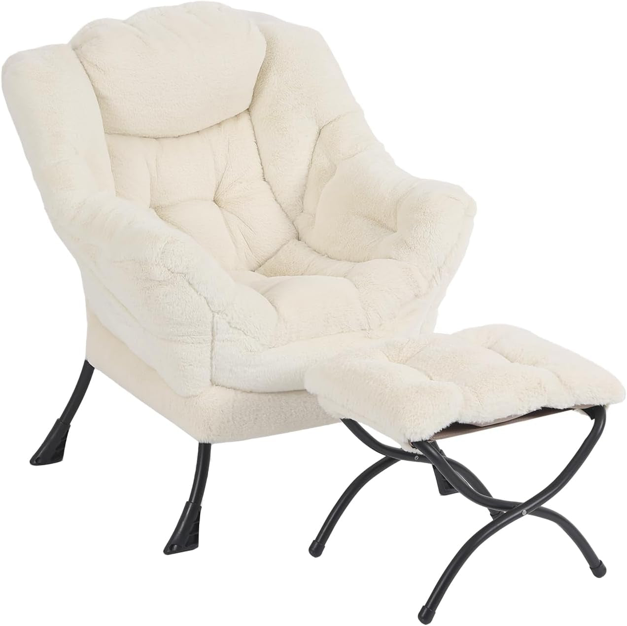 Cream plush oversized armchair with tufted footstool and black curved metal legs