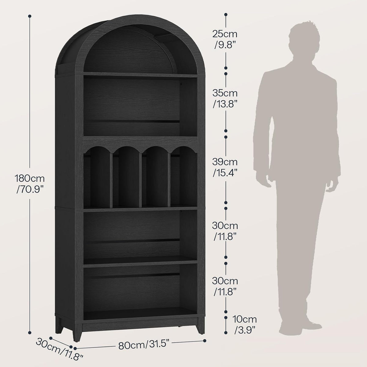 Illustration with dimensions and human silhouette showing bookcase height 70.9 in and footprint 31.5 in