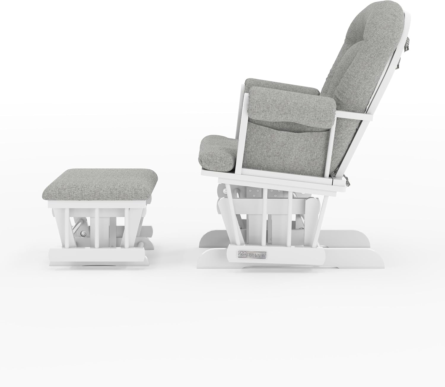 Side profile of the glider and ottoman showing white wood base and gray upholstered seat and pockets.
