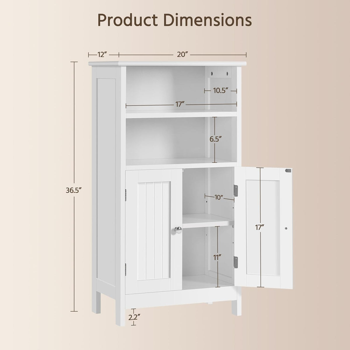 White cabinet with dimension callouts showing overall 20" x 12" x 36.5" and internal shelf measurements