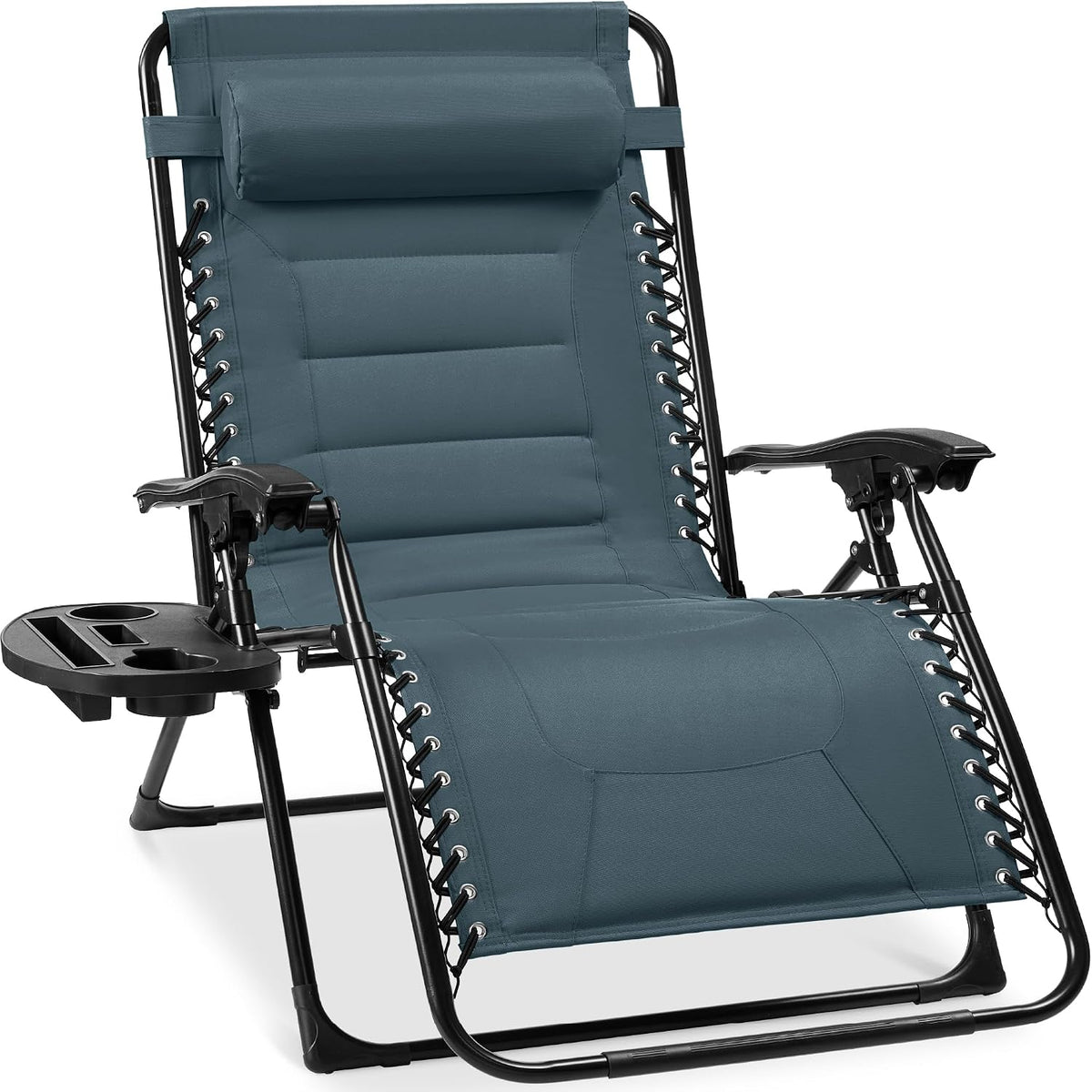 Front view of a teal padded zero-gravity recliner with detachable cup tray and black metal frame