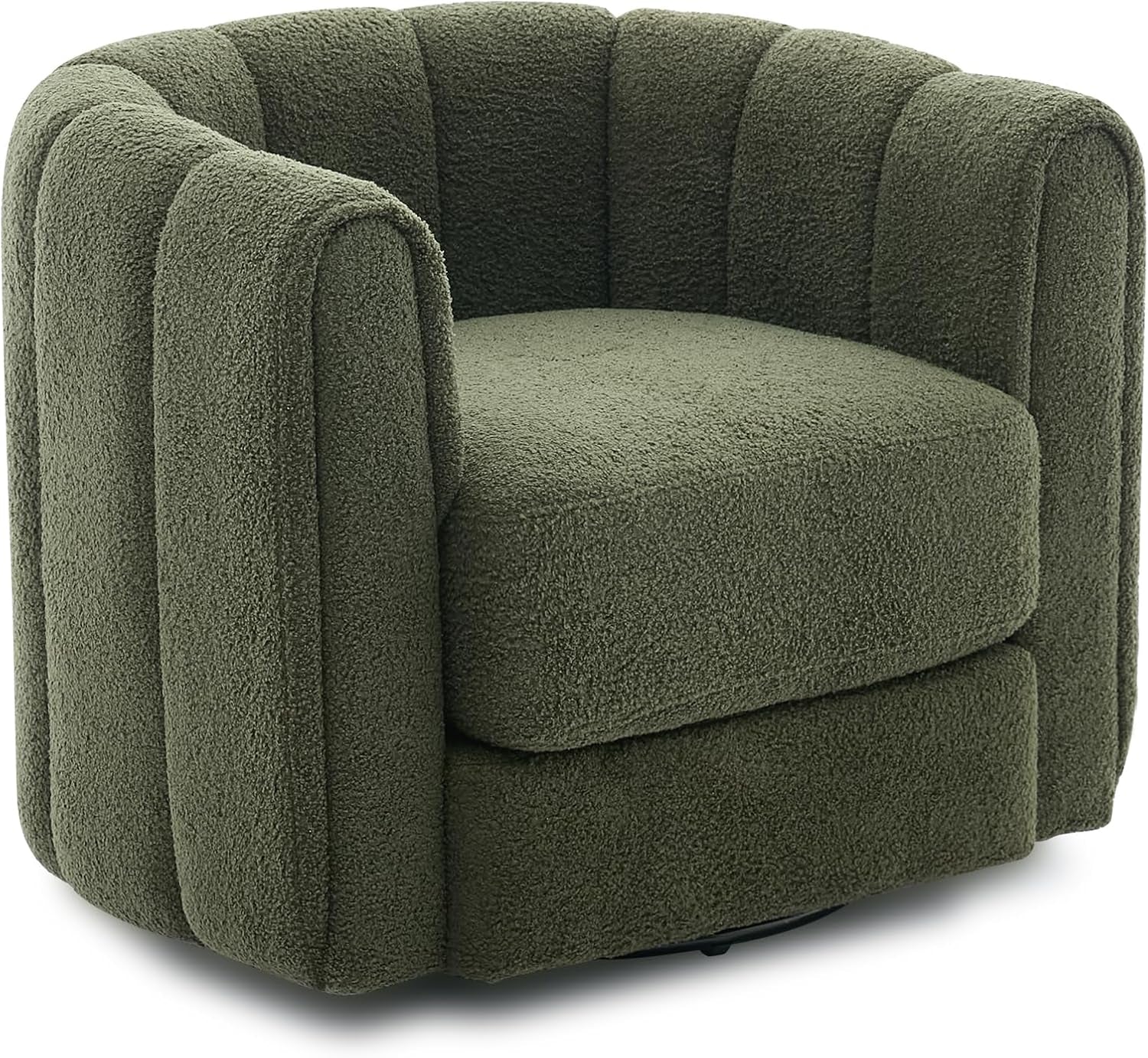 Green Teddy Fleece swivel barrel chair angled front view showing rounded arms and plush seat