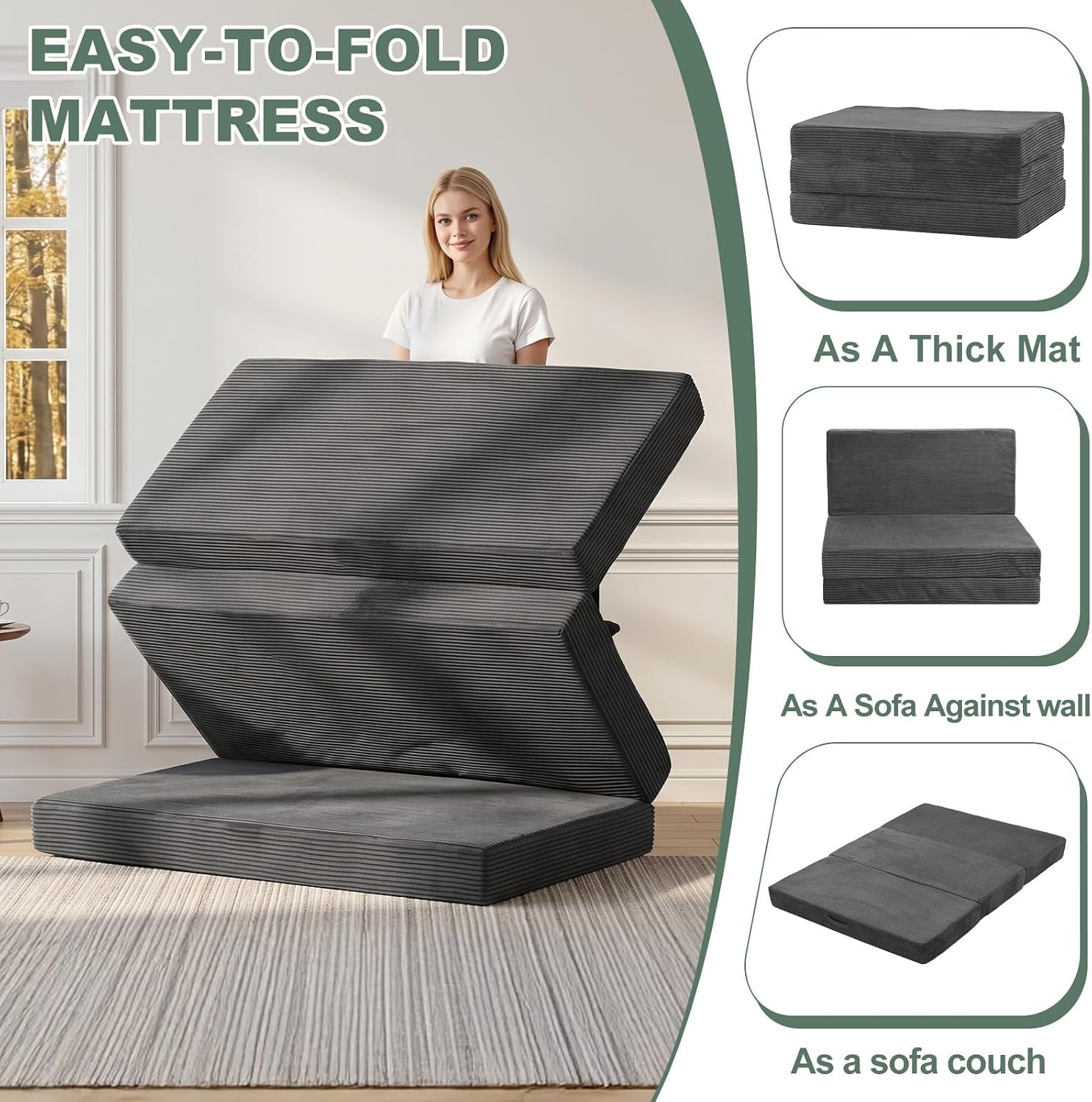 Grey tri-fold mattress being folded upright to demonstrate easy-to-fold configurations and sofa-against-wall setup
