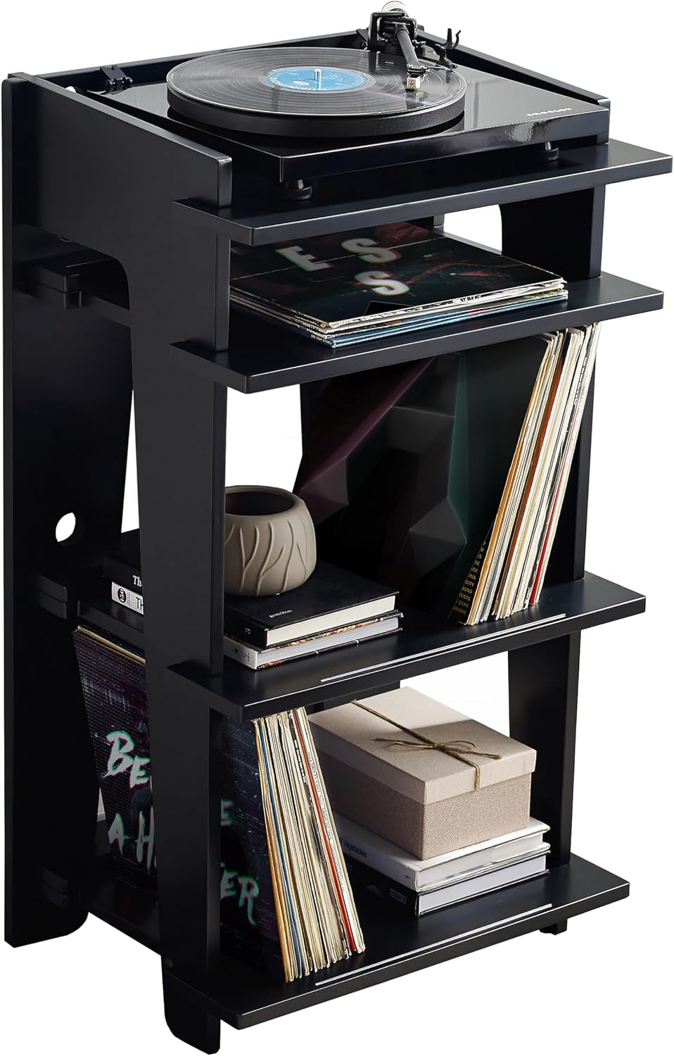 Black three-tier record stand holding a turntable and stacked vinyl records