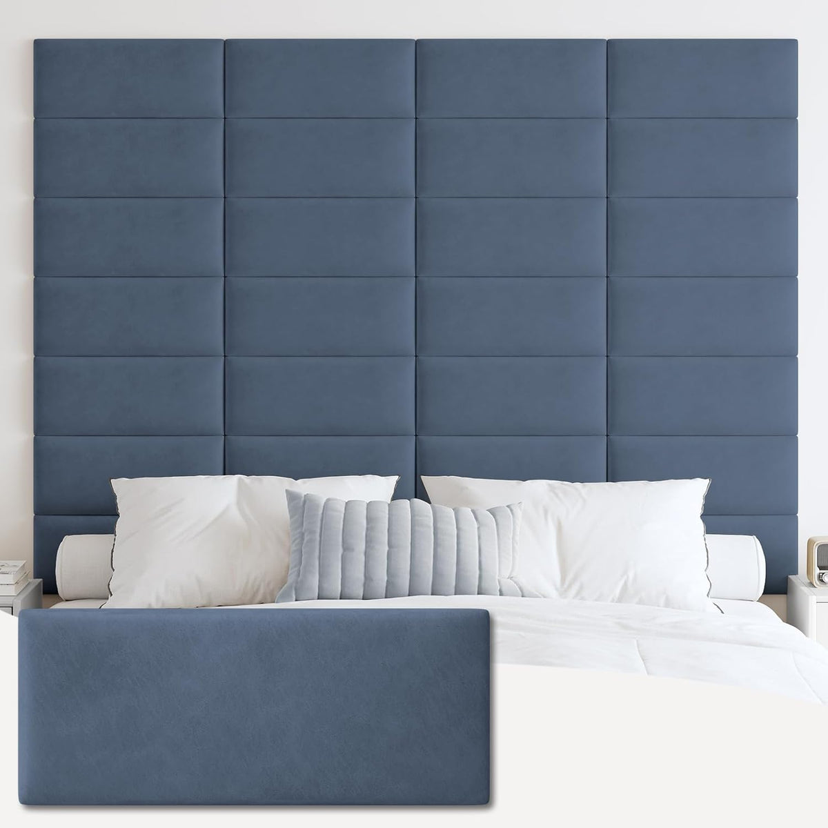 Bedroom headboard wall of nine vertical tufted panels in a deep blue-gray, bed and pillows below
