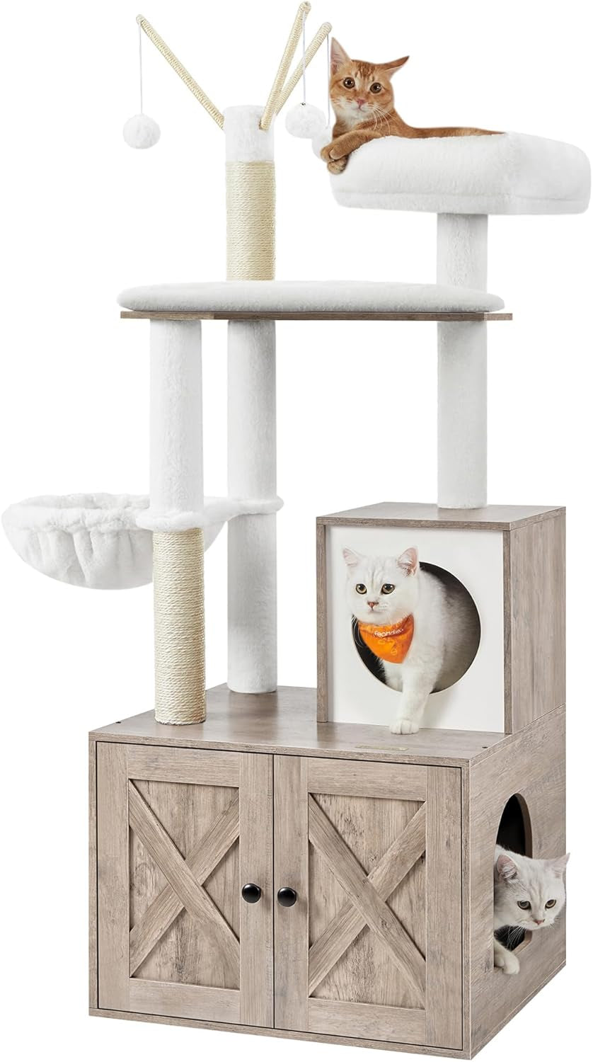 Multi-level cat condo with white plush perches, sisal posts and rustic wood-tone lower cabinet, front view