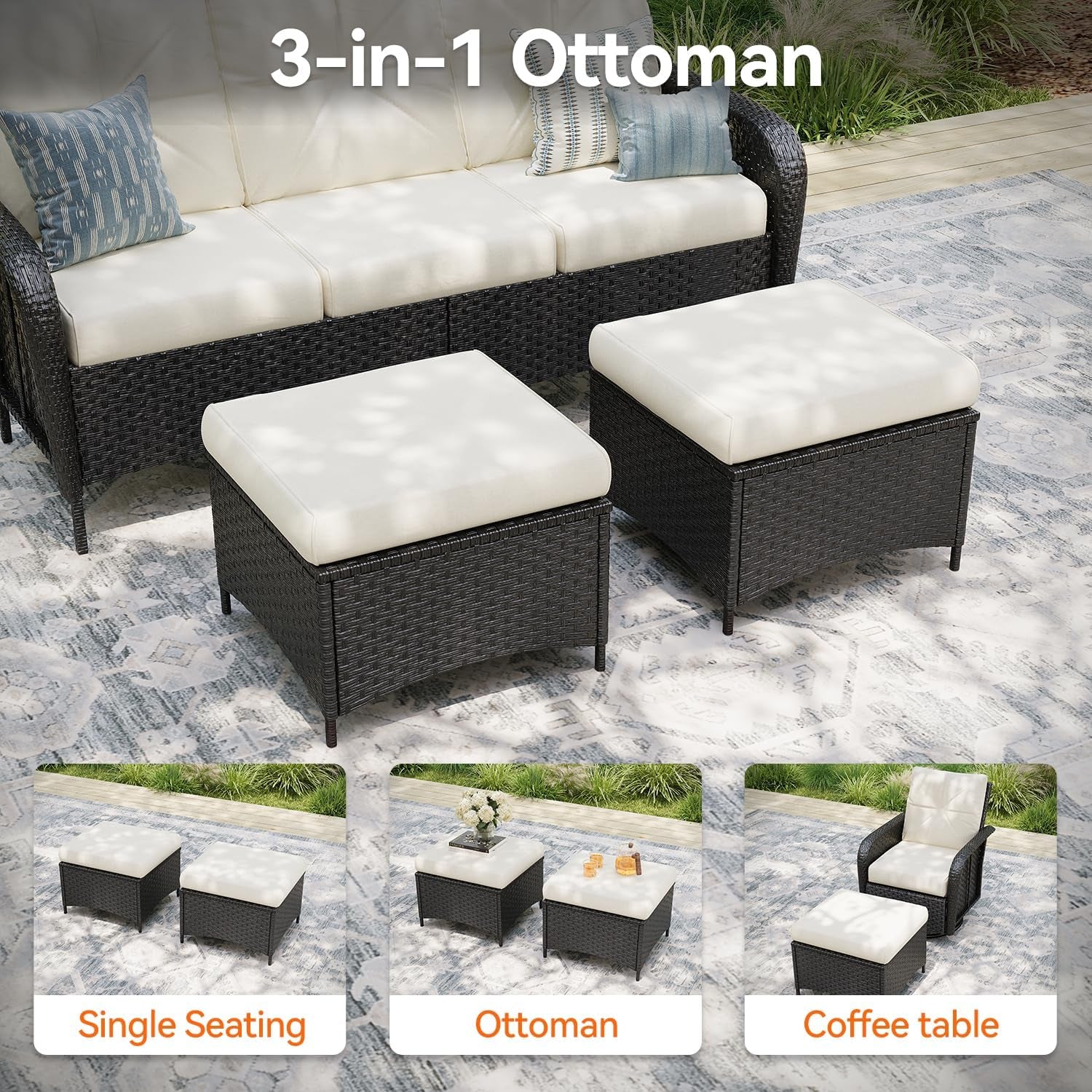 Two square wicker ottomans with beige cushions shown as seating and as a coffee table configuration