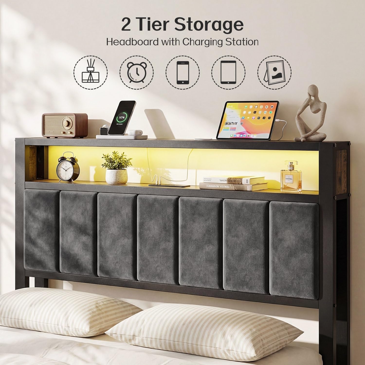 Close-up of two-tier headboard shelf with illuminated interior and padded upholstered paneling