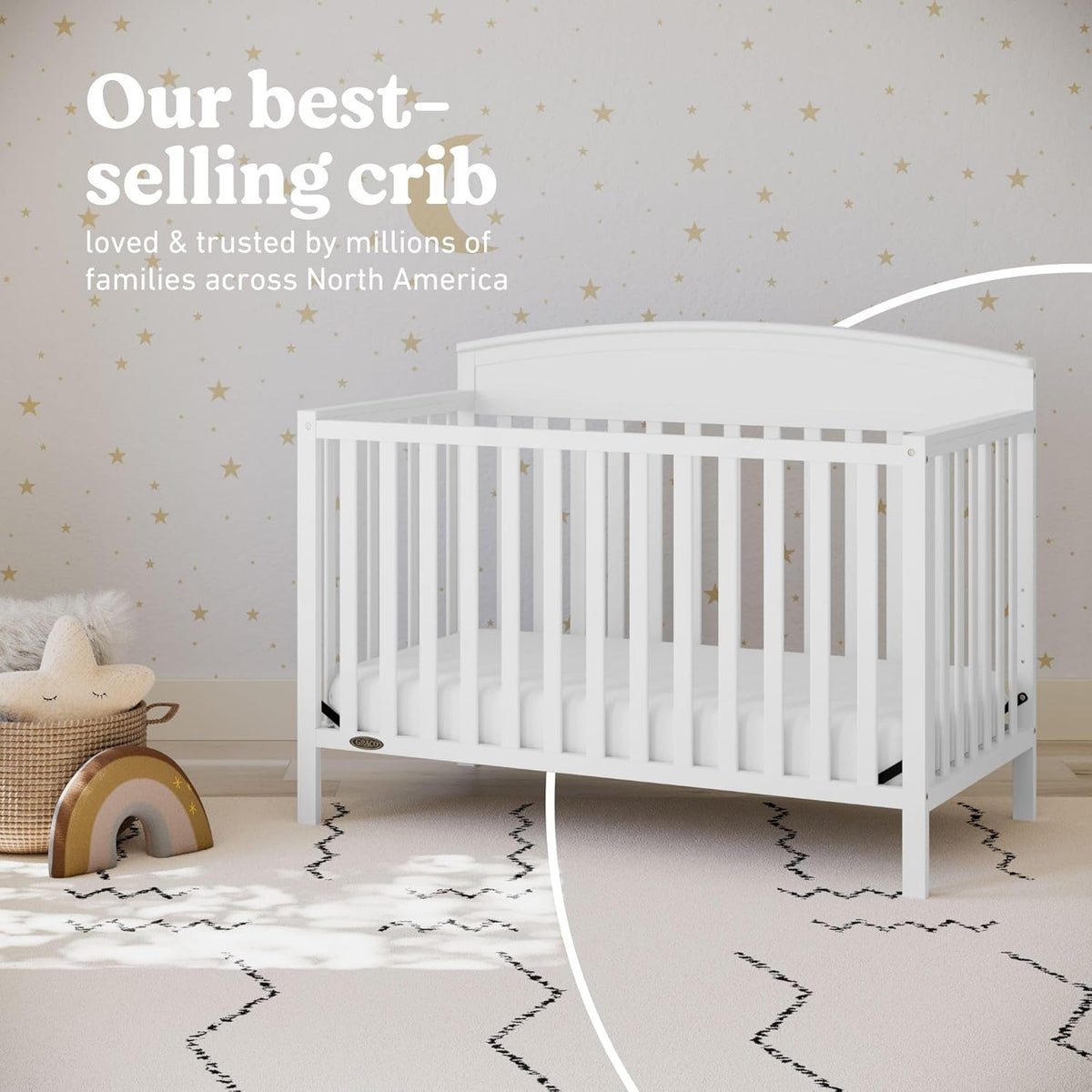 White crib in styled nursery with decorative rug and wall decals, partial circular overlay at bottom right