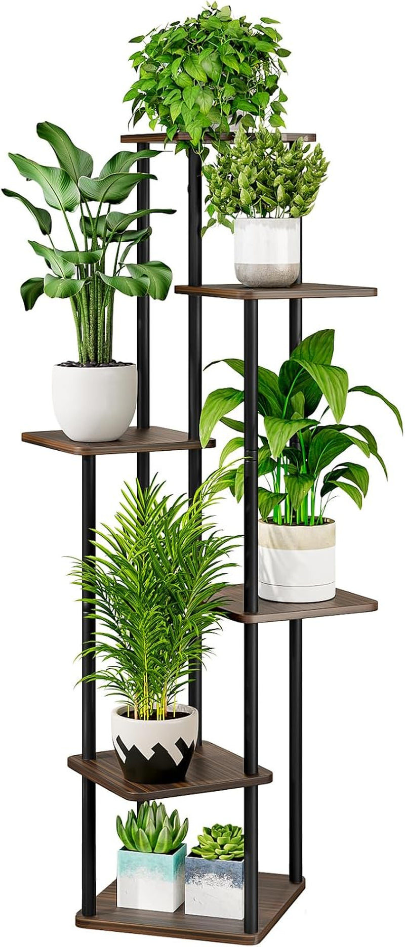 Portrait front view of a five-tier corner plant stand with dark wood shelves, black posts and assorted potted plants.
