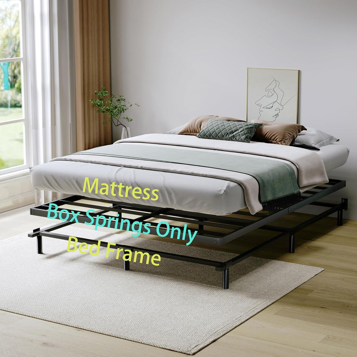Low-profile metal box spring on a bed frame with text overlay noting mattress and box springs only
