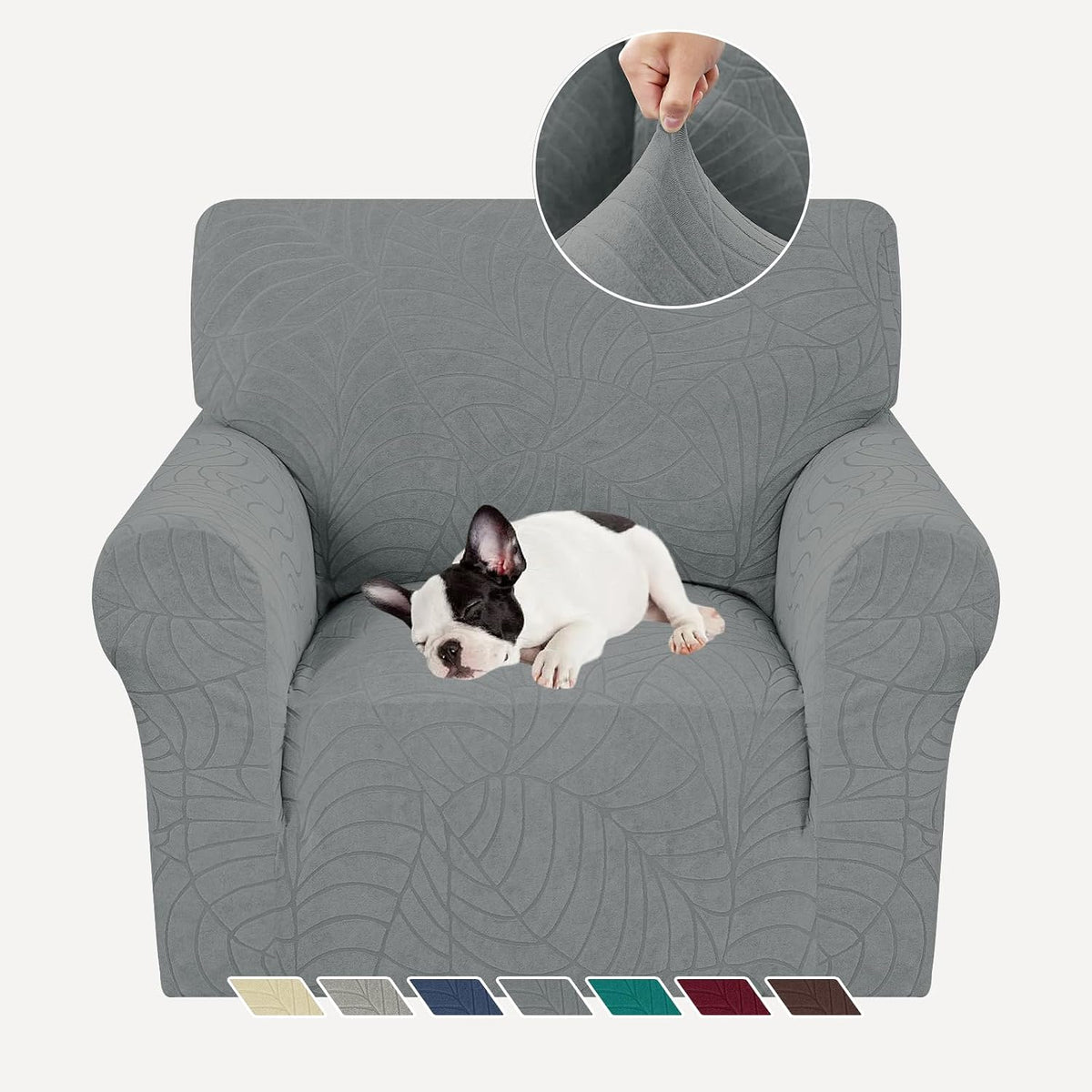 Gray slipcovered armchair with a small dog sleeping on the seat and inset showing fabric stretch.