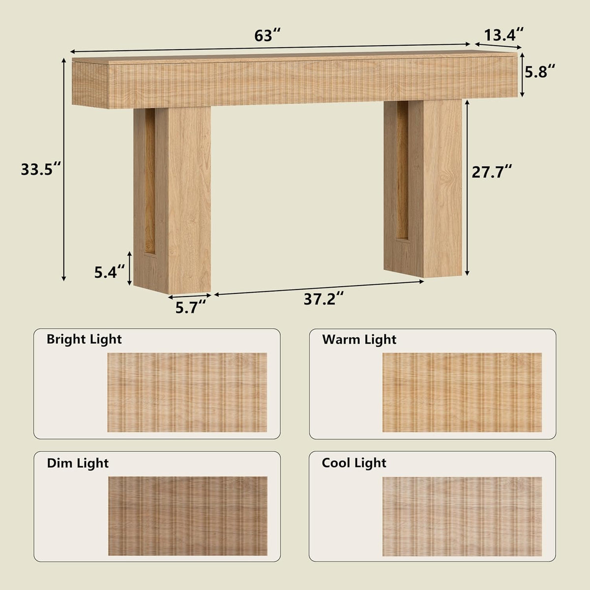 63-inch console table schematic showing overall dimensions and four lighting finish swatches