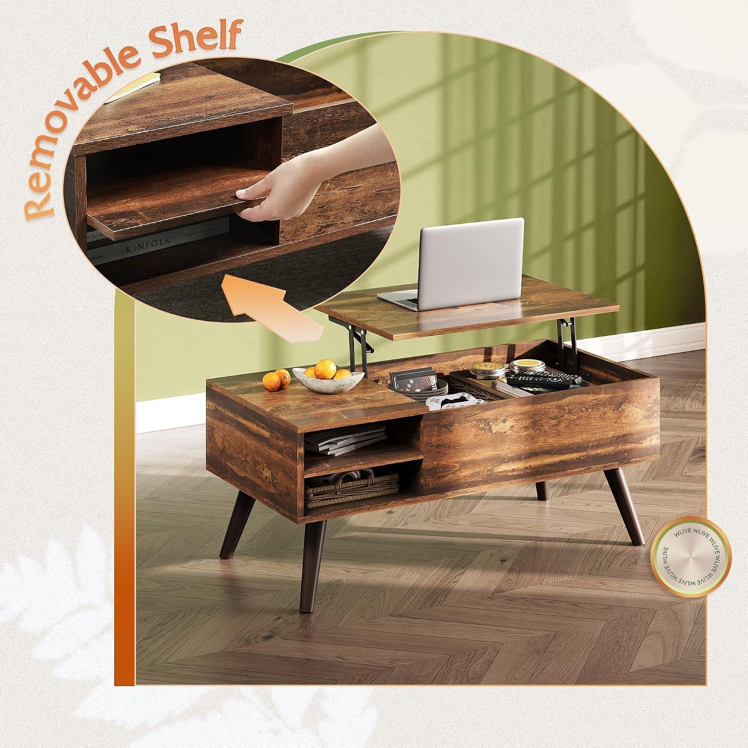 Close-up of the removable internal shelf being lifted from the side storage cubby of the coffee table