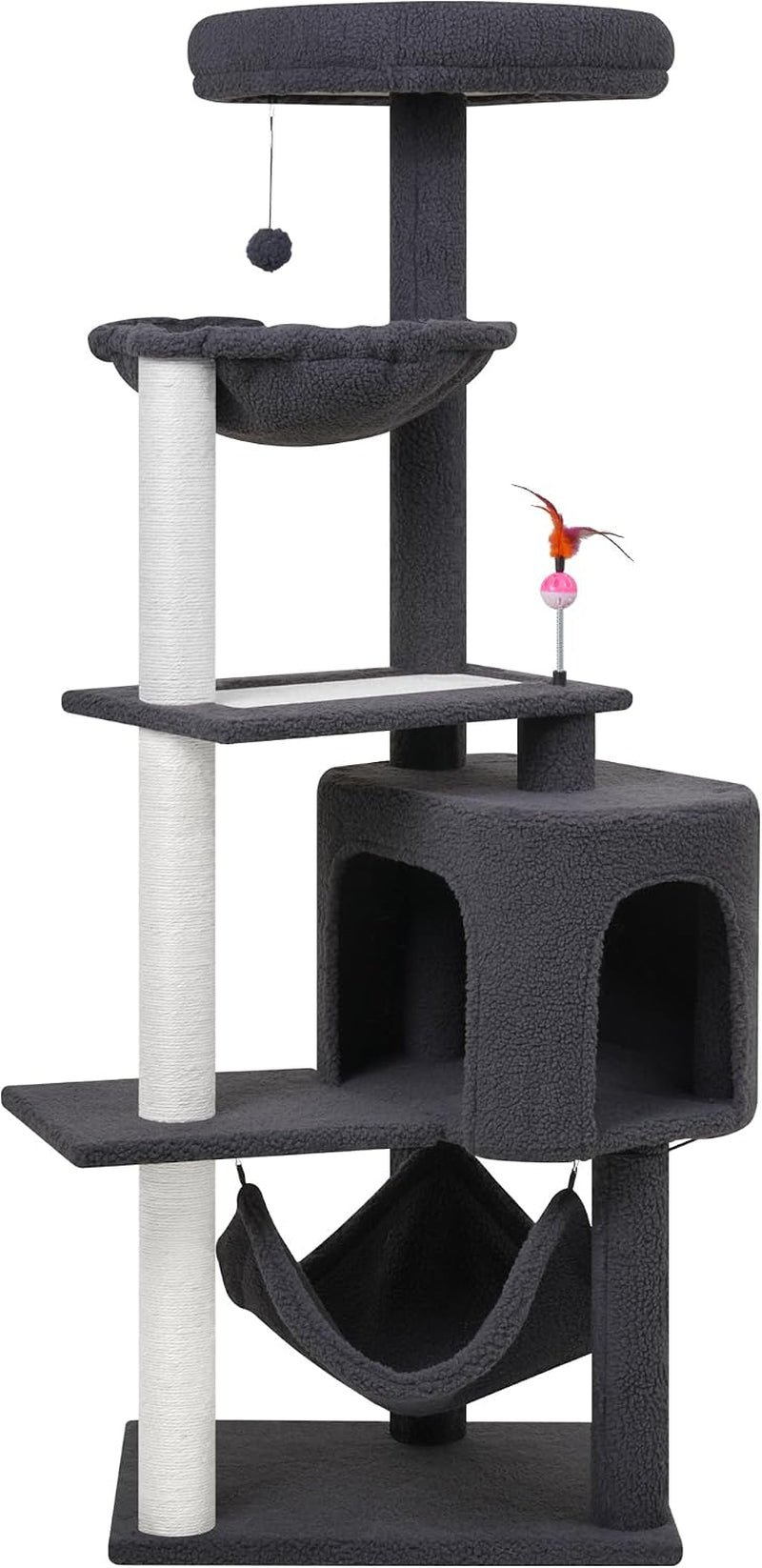 Dark gray cat tree featuring hammock, cube hideaway, top bed and feather toy on spring.