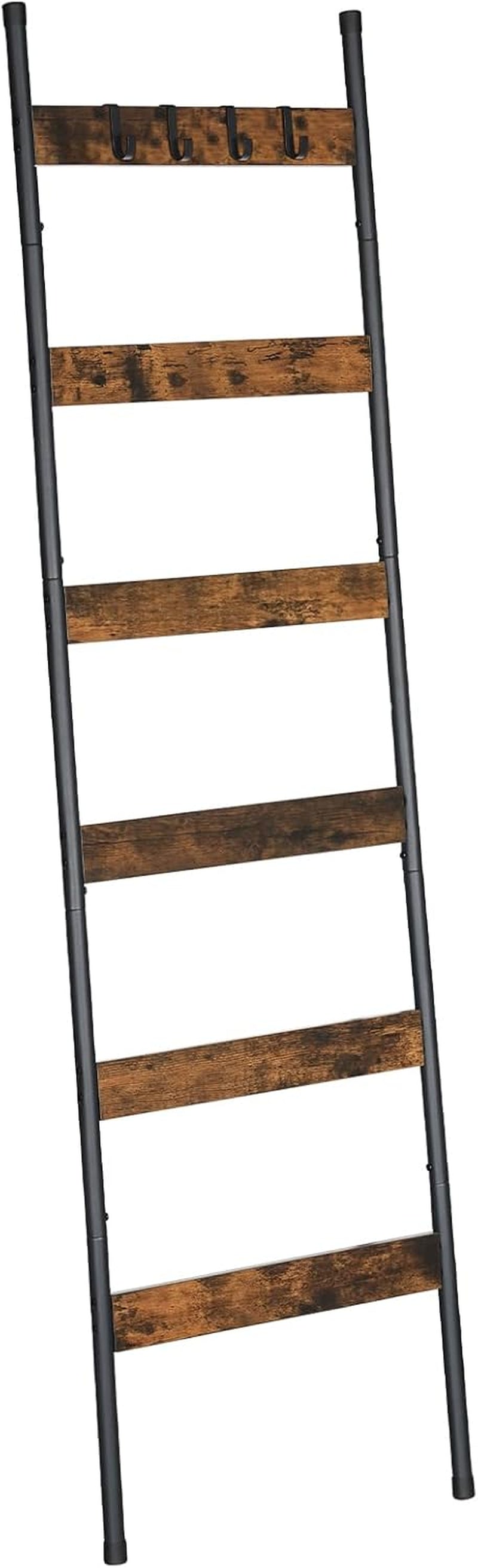 Straight-on full ladder with dark reclaimed-look brown slats and black side rails against white background