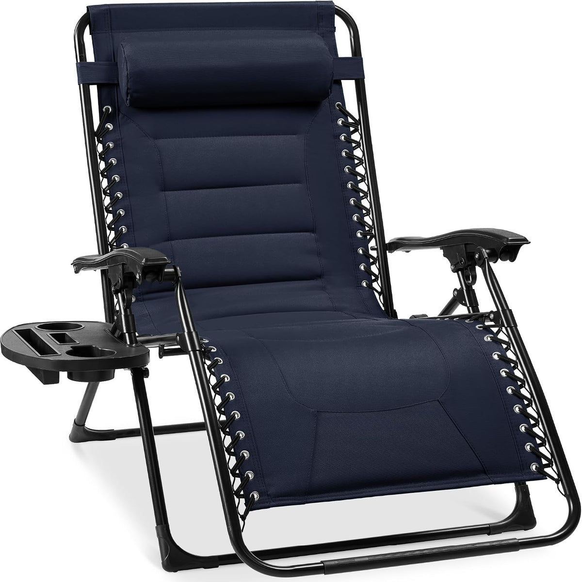 Front-angle crop of a dark navy padded zero-gravity chair showing armrests, lacing and detachable tray