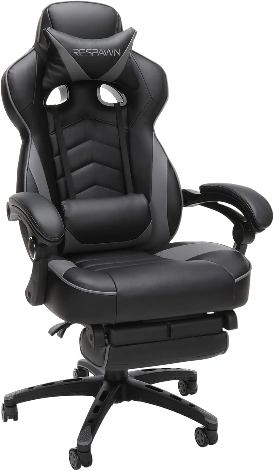 Front-facing black chair with smooth faux-leather seat, elevated lumbar cushion and contoured armrests.