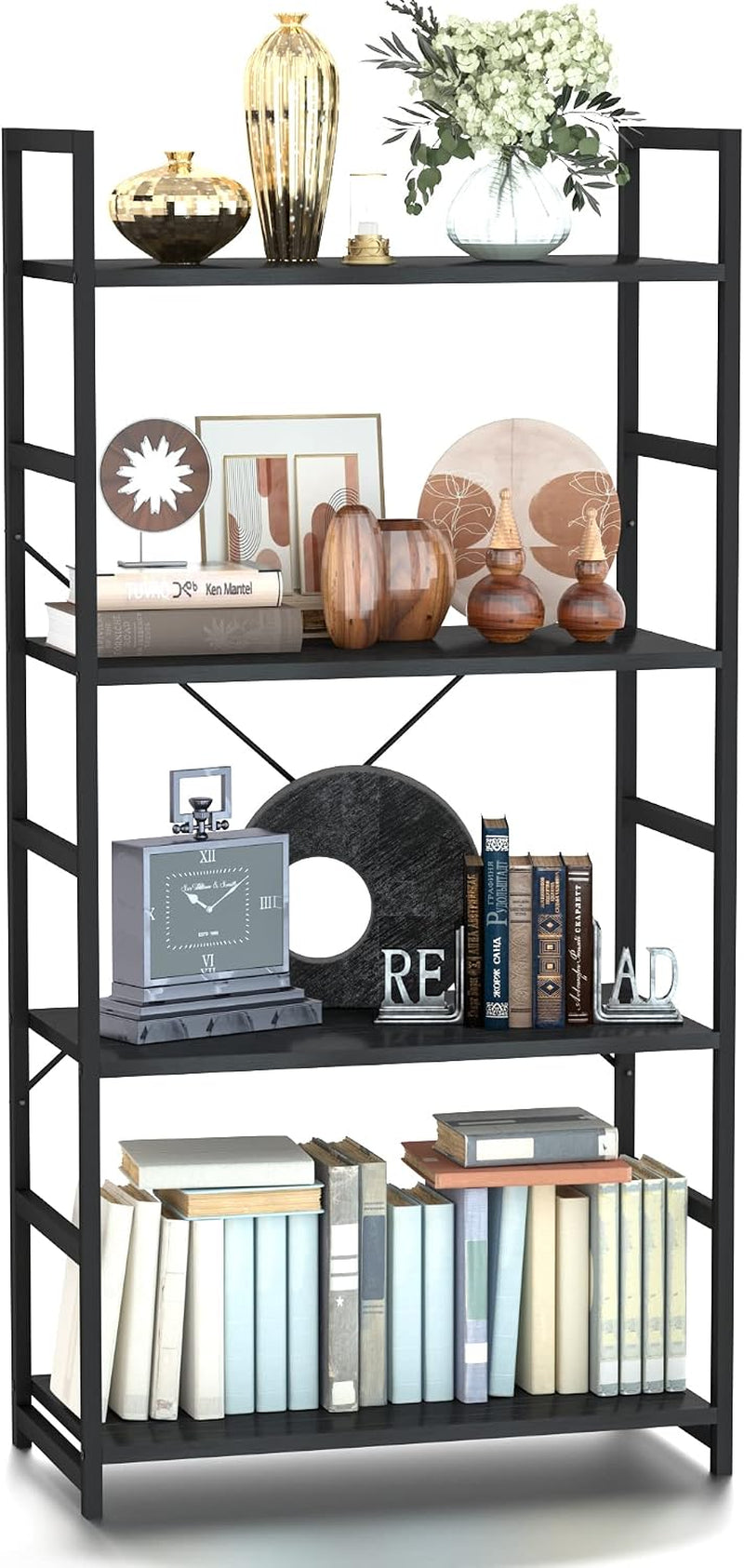 Five-shelf black storage unit styled with books, vases, a clock and decorative objects on each shelf.