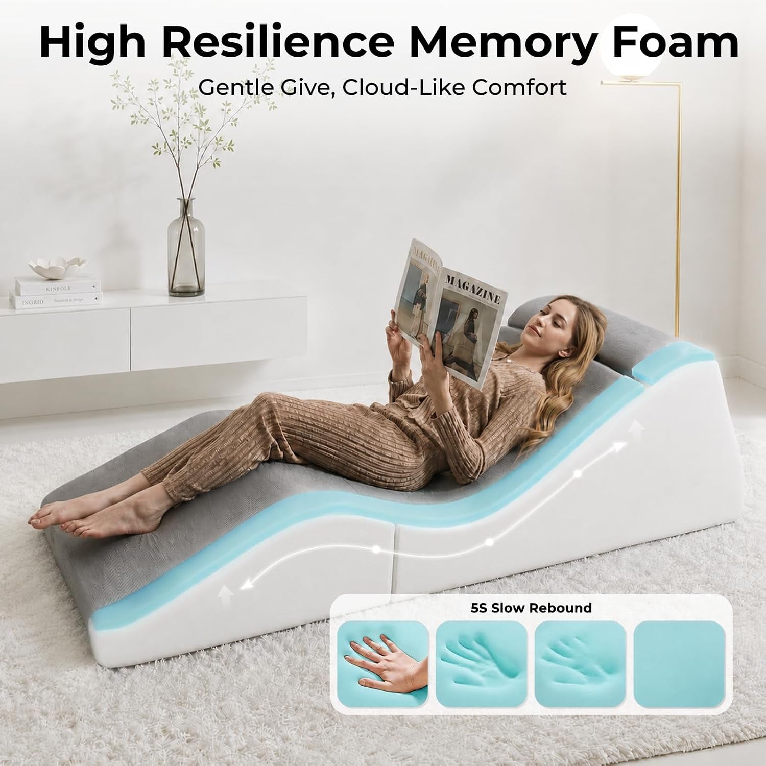 Close-up of person reclining on grey chaise with cross-section illustration of memory foam layers