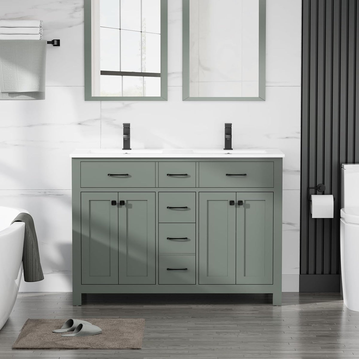 Front view of a sage green double-sink bathroom vanity with white countertop and two mirrors above.