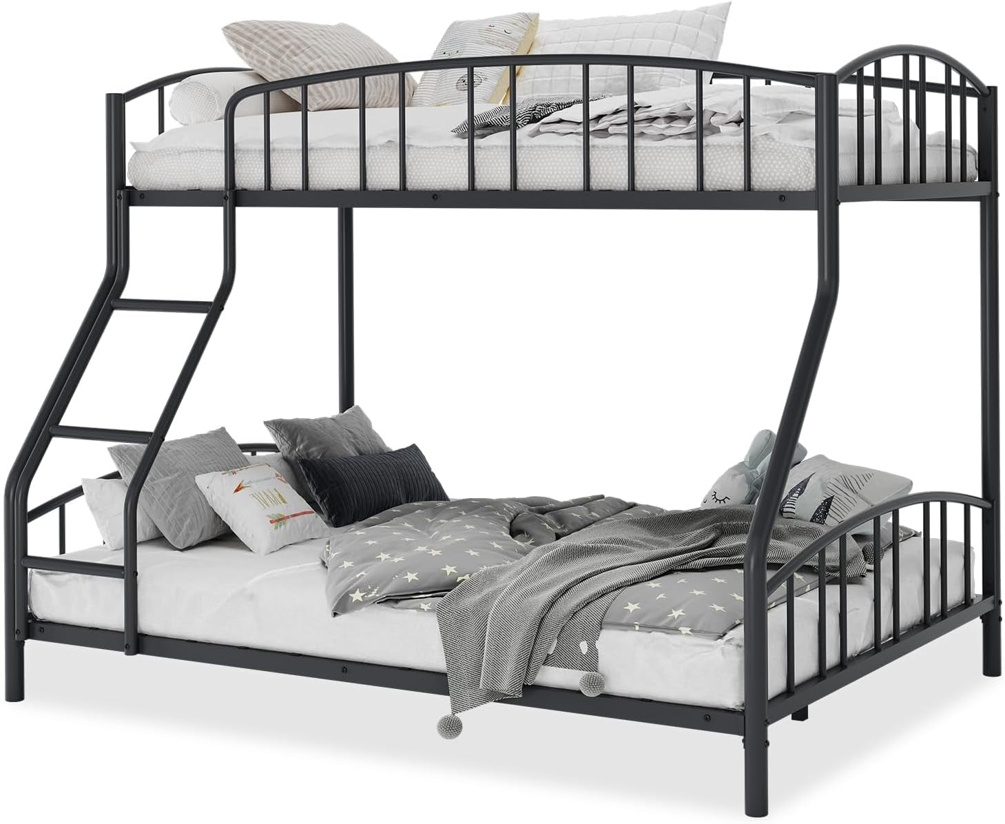 Angle view of a dark gray metal bunk bed with ladder and arched guardrails on a white background.