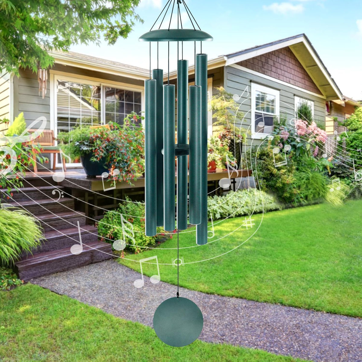Wind chime suspended in a green front-yard scene with a house, pathway and illustrated music notes overlay.