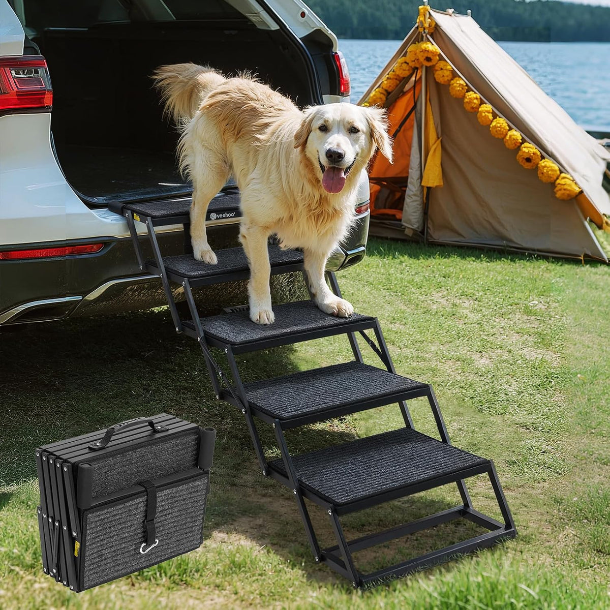Golden retriever walking down a four-step folding pet ramp from an open SUV onto grass; folded ramp beside it.
