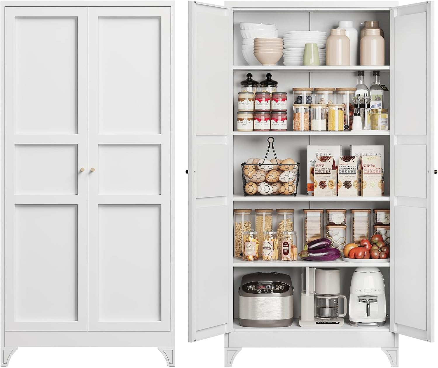 Two-panel image: left shows closed white cabinet front, right shows same cabinet open with four stocked shelves.