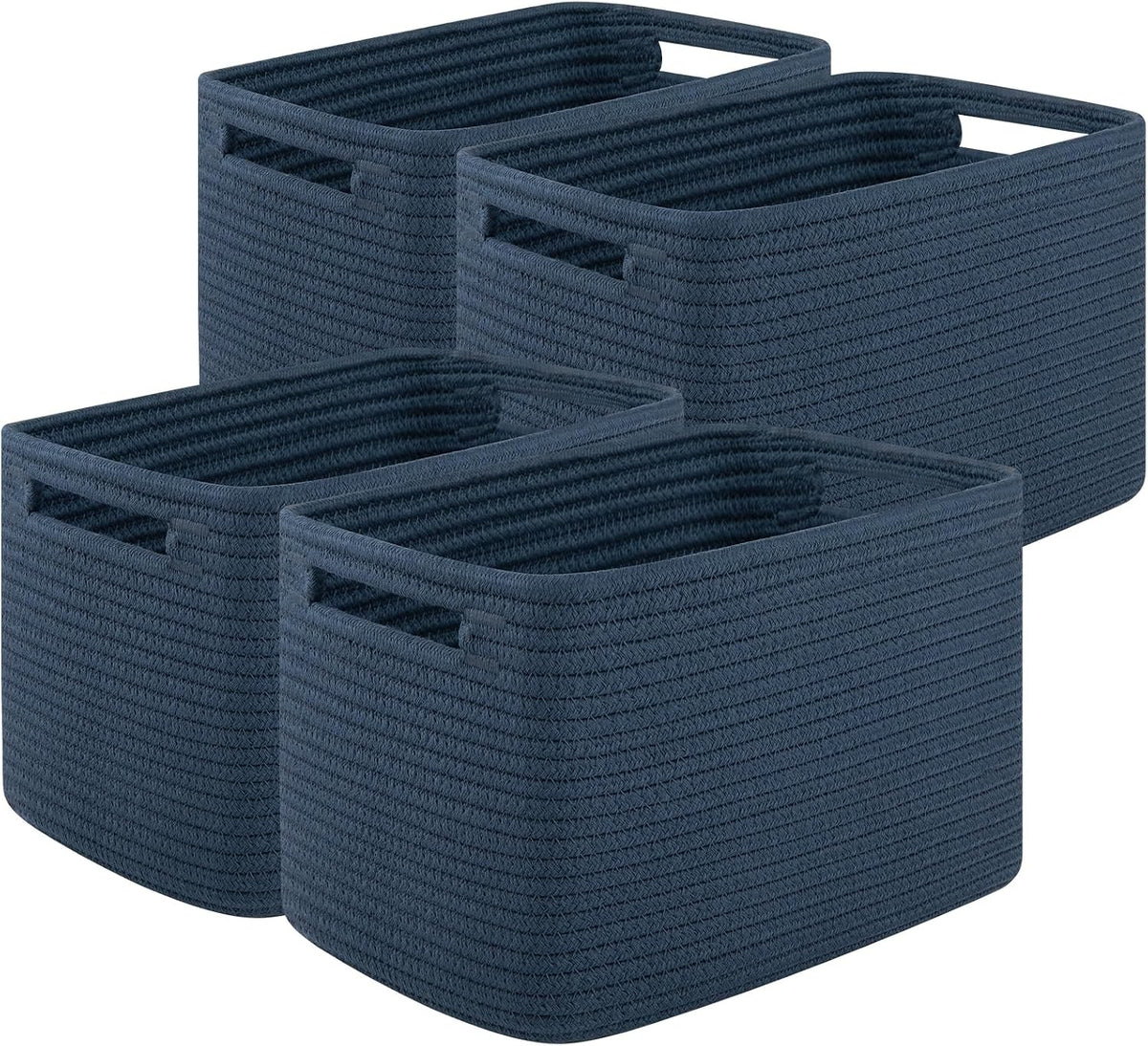 Four deep blue rope storage baskets arranged to show interior depth and braided weave.